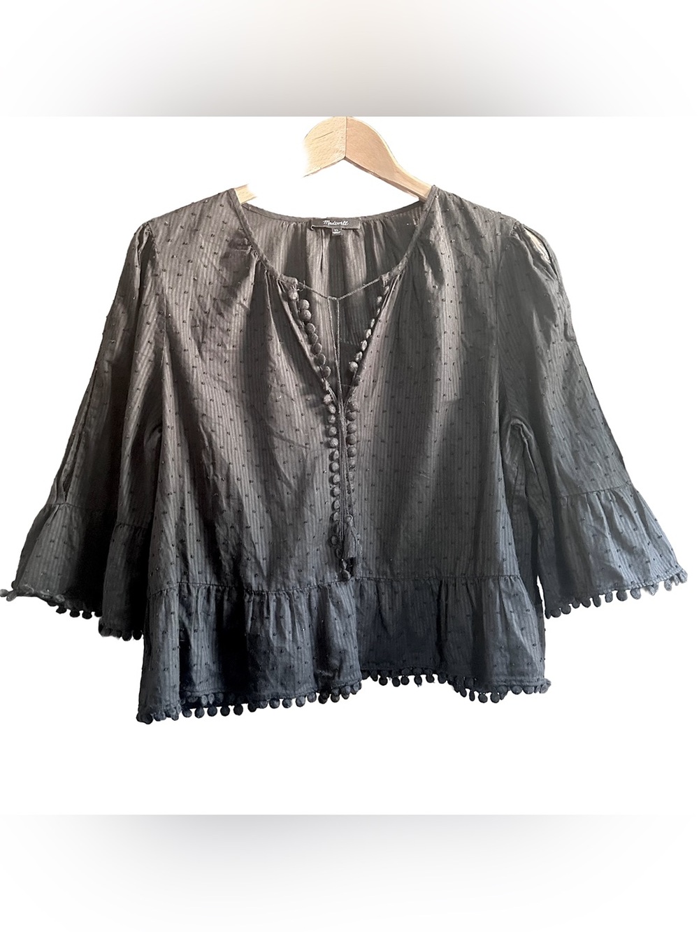Madewell Black Blouse Pom Pom Trim Tie Neck Bell Sleeve Cotton XL X Large 2017
